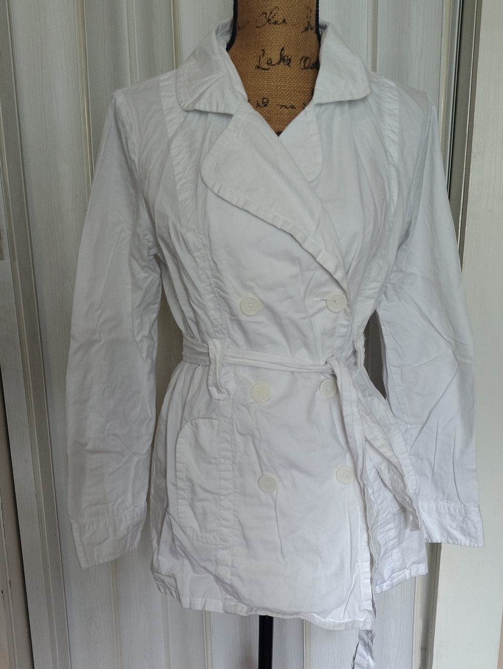 French Cuff White Cotton Double Breasted Trench Jacket Belted Size M